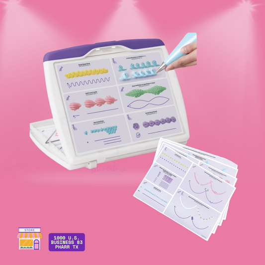 Deluxe piping practice board for cake decorating with over 80 technique templates including stars, petals, ruffles, and leaves.