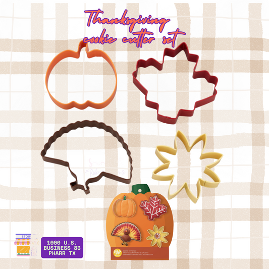 Shop the Wilton 4-piece Thanksgiving Cookie Cutter Set featuring festive shapes: pumpkin, fall leaf, sunflower, and turkey. Perfect for baking holiday cookies. Available at Bake A Cake. Nationwide shipping!